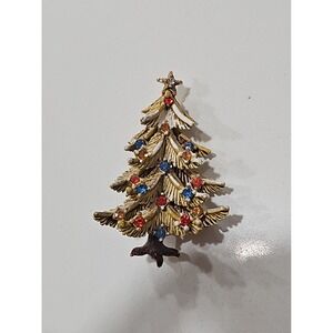 Vintage Torino Singed Christmas Tree Brooch Pin Flower Gold Tone and Rhinestones